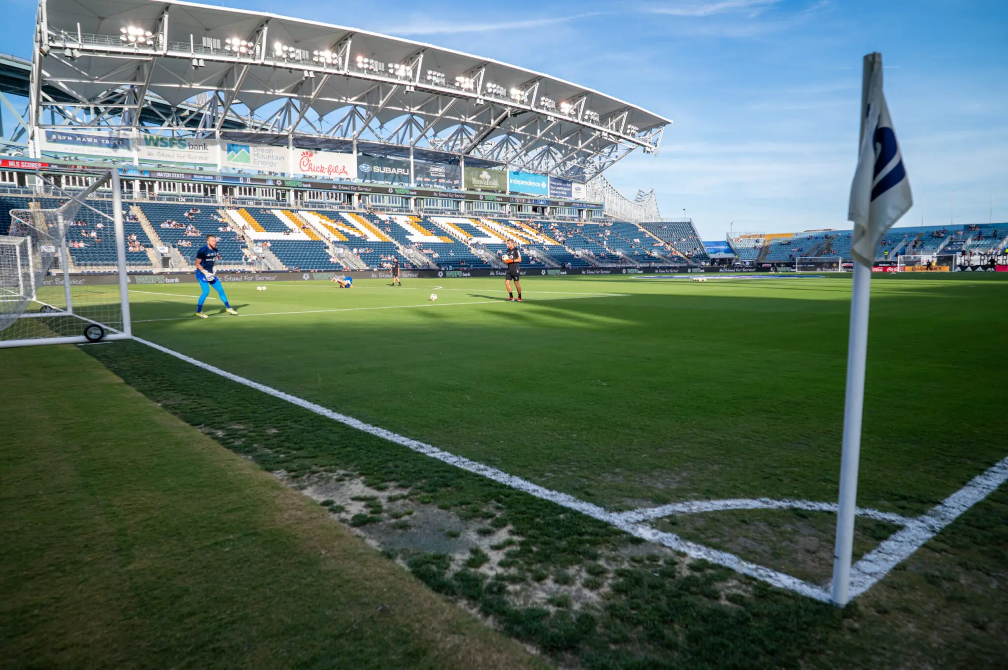 Photo showing a corner flag and the seats of Subaru Park in the background.