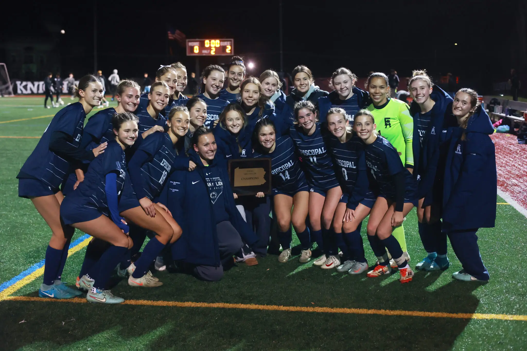 Episcopal Academy girls pose for a photo with the PAISAA championship plaque after their 2-0 win over Westtown at Arcadia University on November 12, 2025