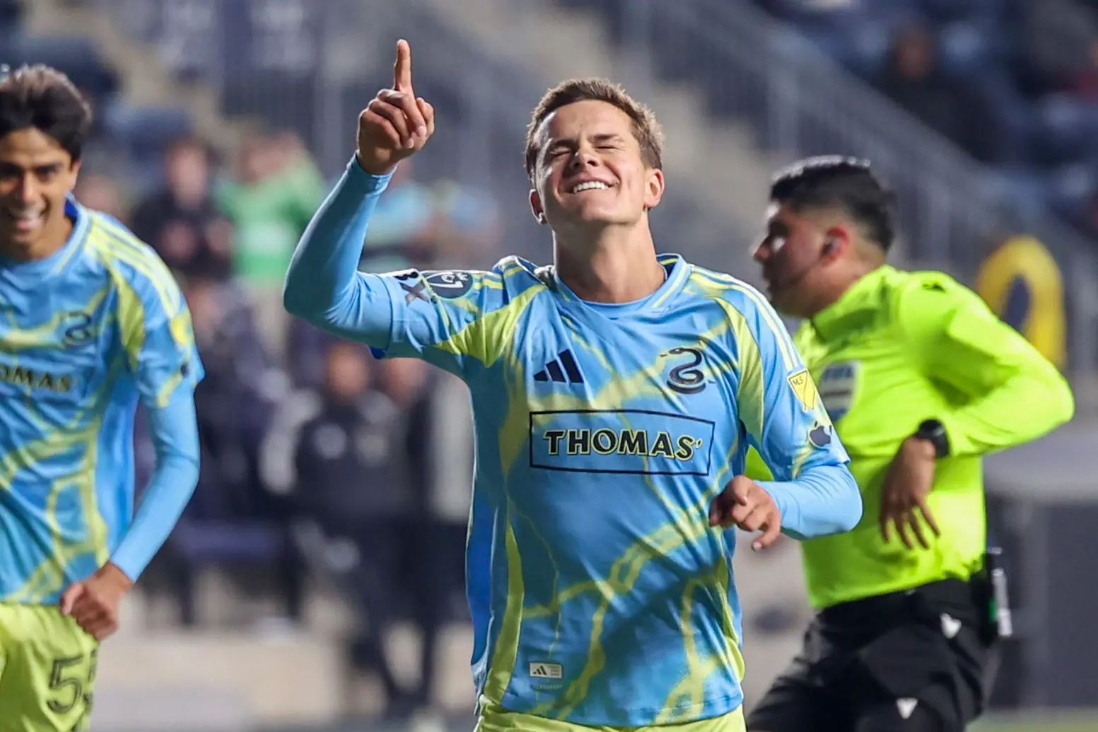 Cavan Sullivan celebrates a goal in a 7-0 Philadelphia Union over Defence Force FC on February 26, 2026. Photo by Don Robson