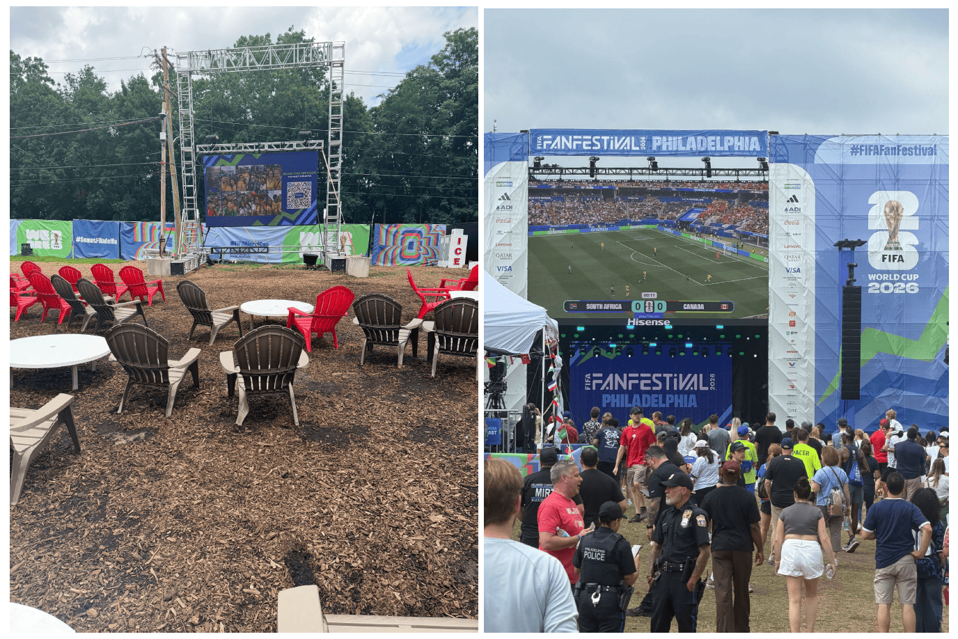 Left: outdoor festival seating with red and black Adirondack chairs around white tables, facing a metal stage and large screen; ground covered in wood chips. Right: crowd at a FIFA World Cup 2026 Fan Festival watching a live soccer match on a giant screen inside a blue festival structure.