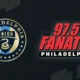 logos of the Philadelphia Union and 97.5 The Fanatic on top of a dark blue background