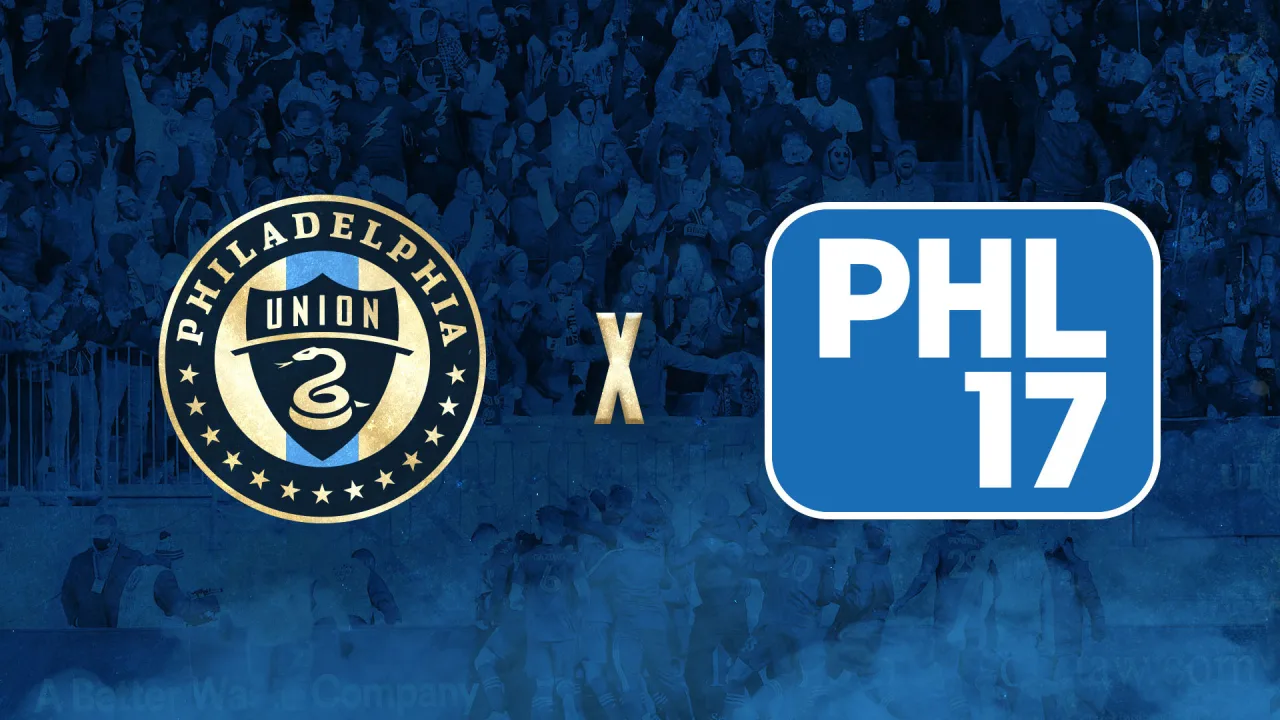 Logos of the Philadelphia Union and WPHL17 overlayed on a blue background
