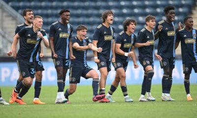 Philadelphia Union II celebrate after a kick from the penalty spot gets converted.