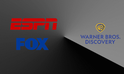 Logos for media companies ESPN, Fox and Warner Bros. Discovery