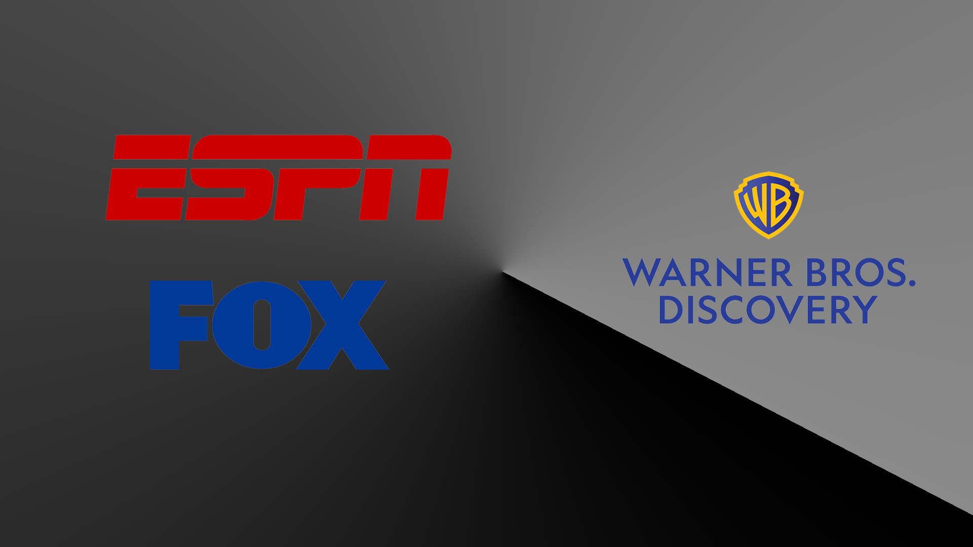 Logos for media companies ESPN, Fox and Warner Bros. Discovery