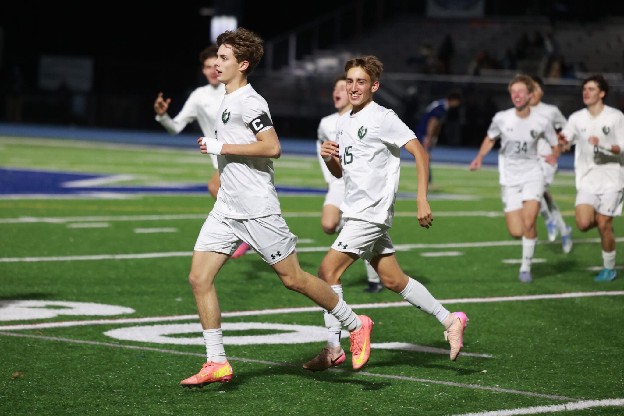 Jude Sacks and Brecon Wiliams celebrate Delaware County Christian School's 3-0 win over Calvary Christian in the District 1 Class A final on October 28, 2025