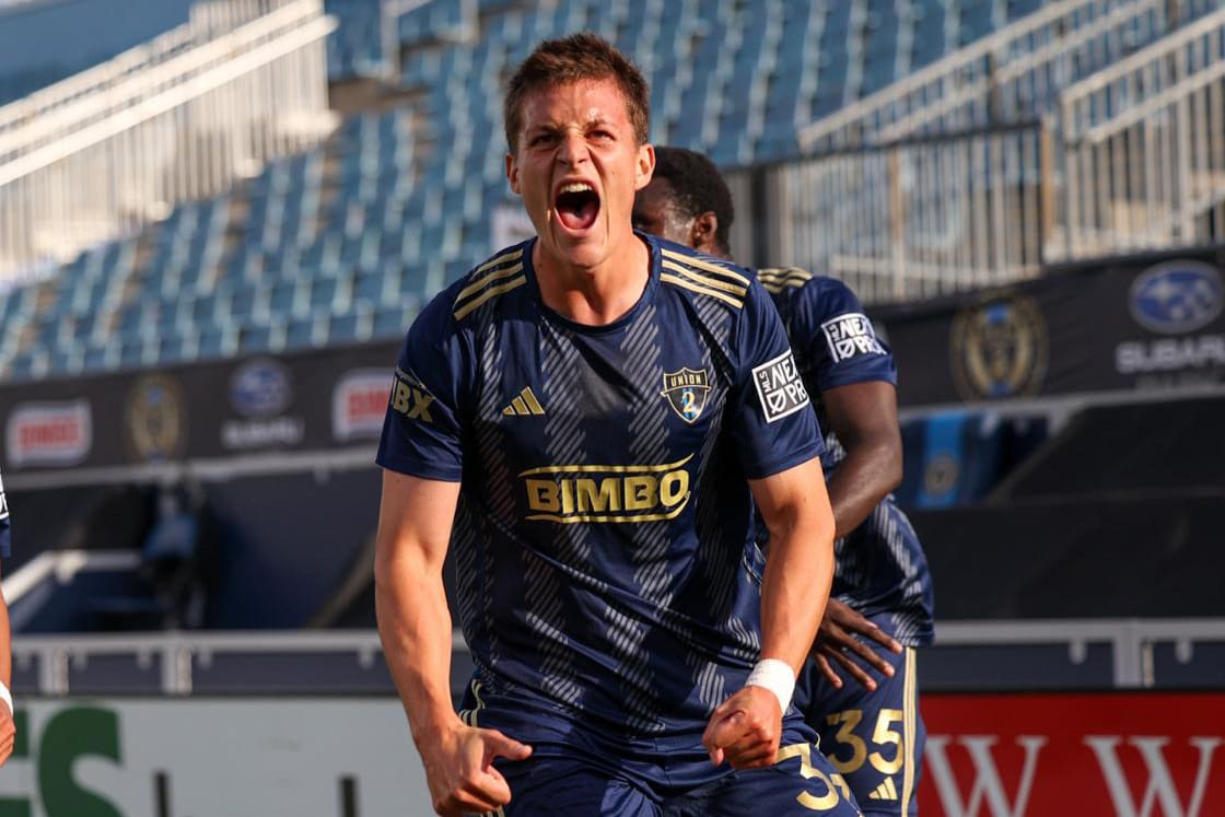 Philadelphia Union II forward Stas Korzeniowski celebrates his first half goal for Union II in a 2-1 playoff win over FC Cincinnati 2