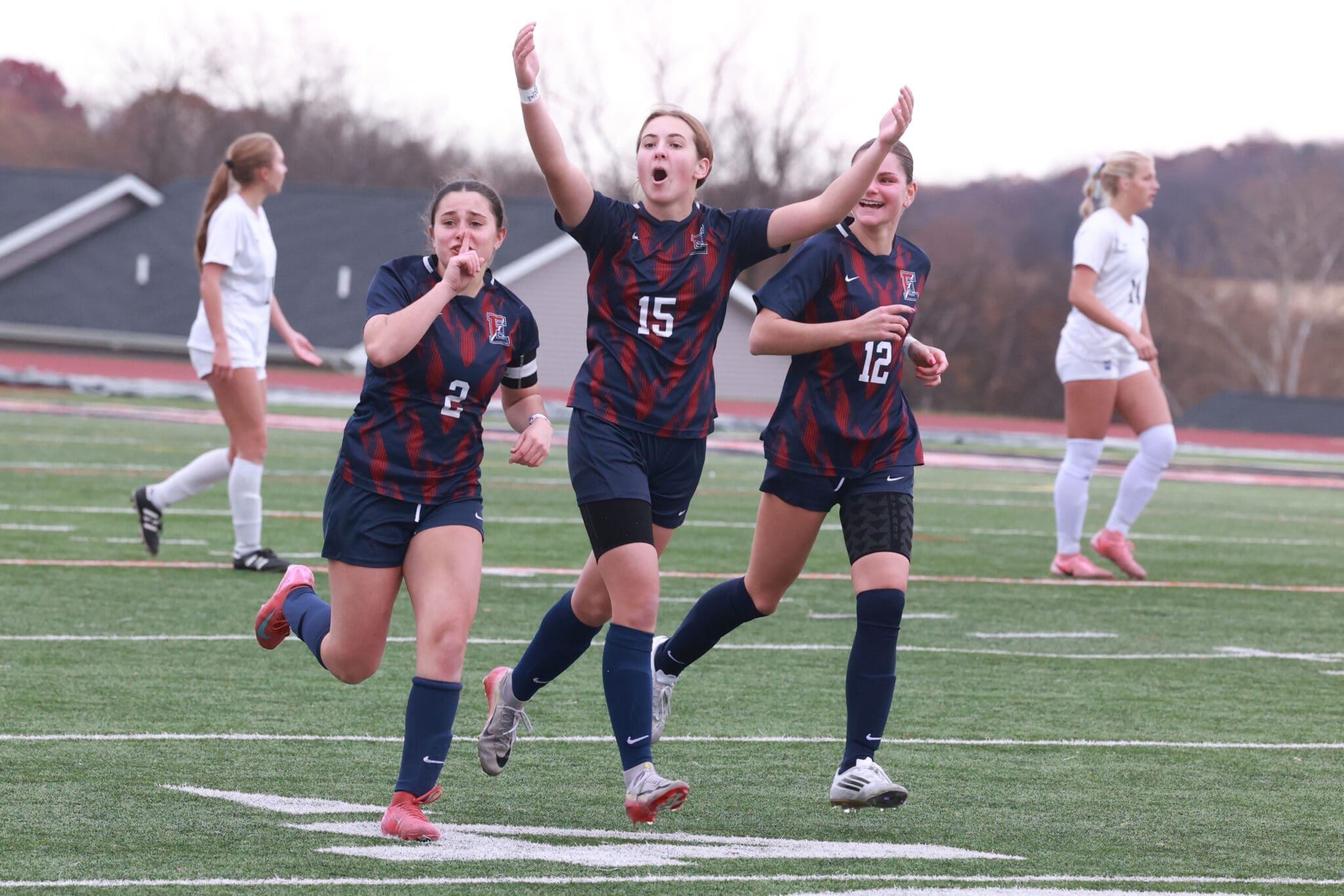 CB East girls celebrate a second half goal by shushing the crowd at the PIAA Class 4A girls soccer final on November 14, 2025. Photo by Matthew Ralph.