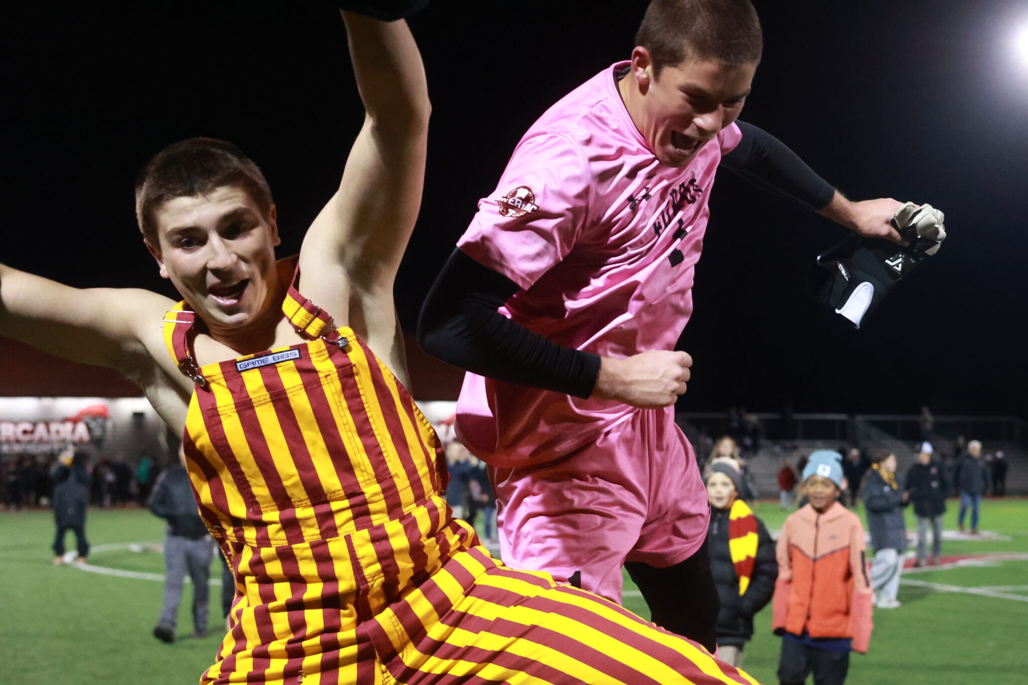 Jack Rischitelli (left) and Graham Costello celebrate Haverford School's PAISAA championship following a 1-0 win over Westtown School
