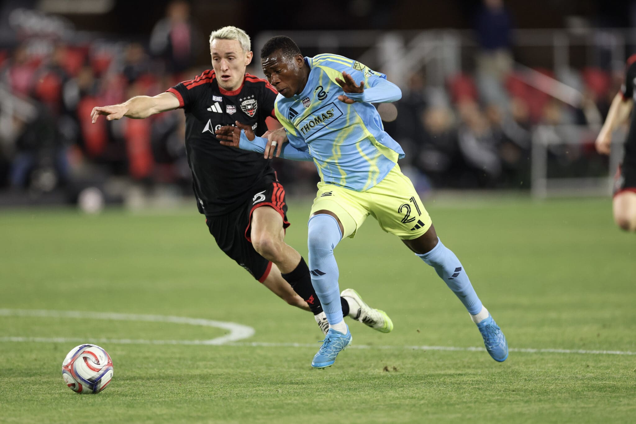 Danley Jean Jacques dribbling the ball during a Philadelphia Union game at DC United on February 21, 2026. Photo by Don Robson.