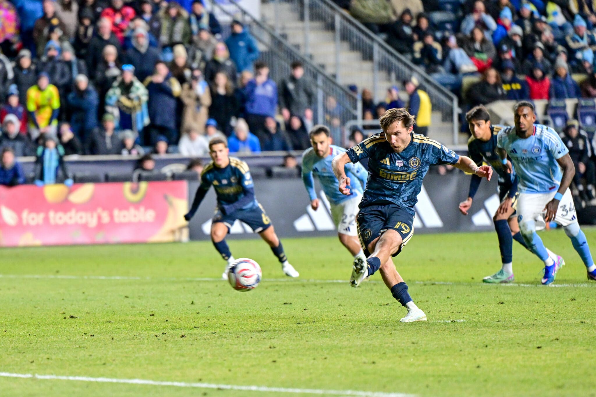 Indiana Vassilev taking a penalty against NYCFC on March 1, 2026. Photo by Carl Gulbish