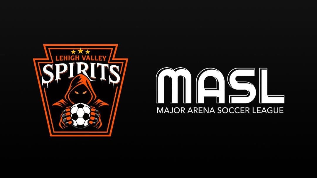 Logo pair on black background: Lehigh Valley Spirits shield with a hooded figure holding a soccer ball, next to the MASL Major Arena Soccer League wordmark.